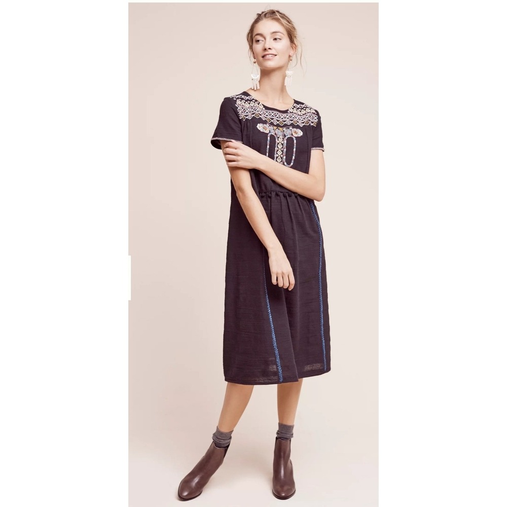 Corey Lynn Calter Anthropologie Midi Dress Womens Small Black Embroidered Beaded